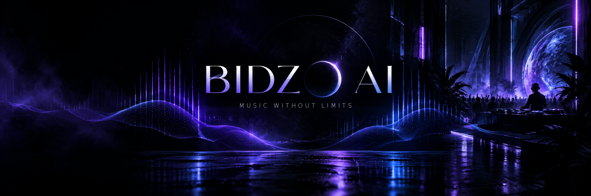 BIDZO AI — Music Without Limits: official approved neon banner